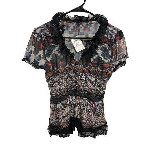 Lapis Sheer Lace Trim Button Front Blouse Black Multi Sz Large Whimsigoth NWT - Picture 1 of 10